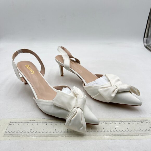 White Bowknot Pointed Toe Slingback Sandals Kitten Low Heel Slip on Elegant Shoe - Picture 4 of 8